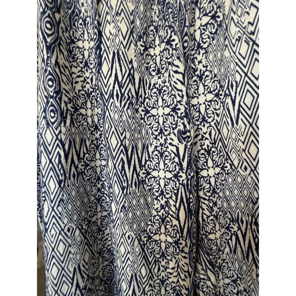 Casey Key 1X Blue White Boho Wide Leg Palazzo Pants Smocked Waist Coastal